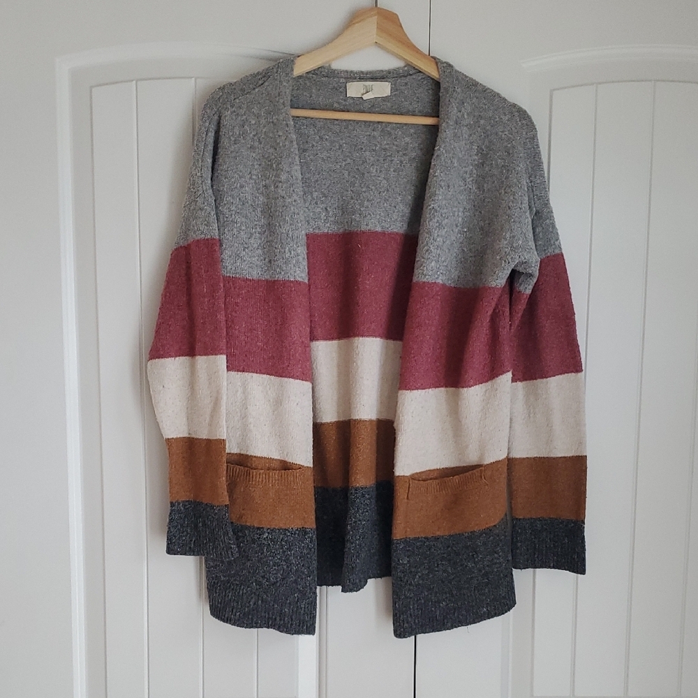 Gray and Pink Striped Open Front Cardigan Sweater